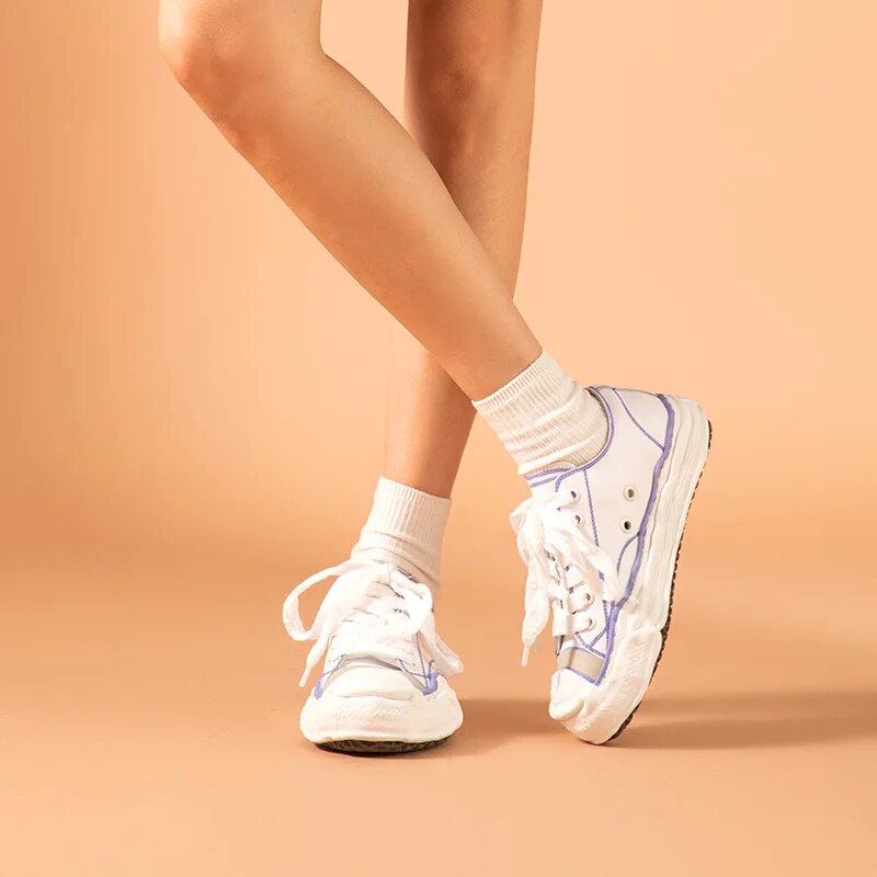 BeauToday Casual Sneakers Platform Women Cow leather Color Line Lace Up Sewing Detail Dissolve Sole Ladies Shoes Handmade 29219