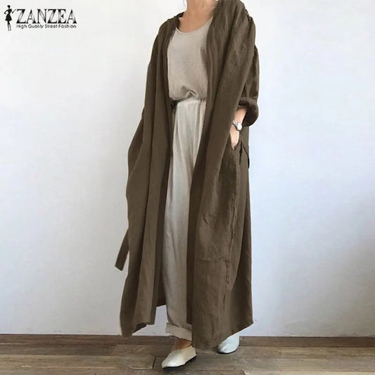 ZANZEA 2023 Women's Casual Blouse Vintage Autumn Cotton Long Cardigan Long Sleeve Coats Female Solid Blusas  Tunic