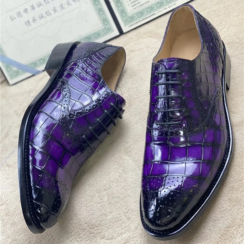 Authentic Crocodile Belly Skin Purple Color Men's Brogue Shoes Genuine Alligator Leather Handmade Male Lace-up Party Dress Shoes