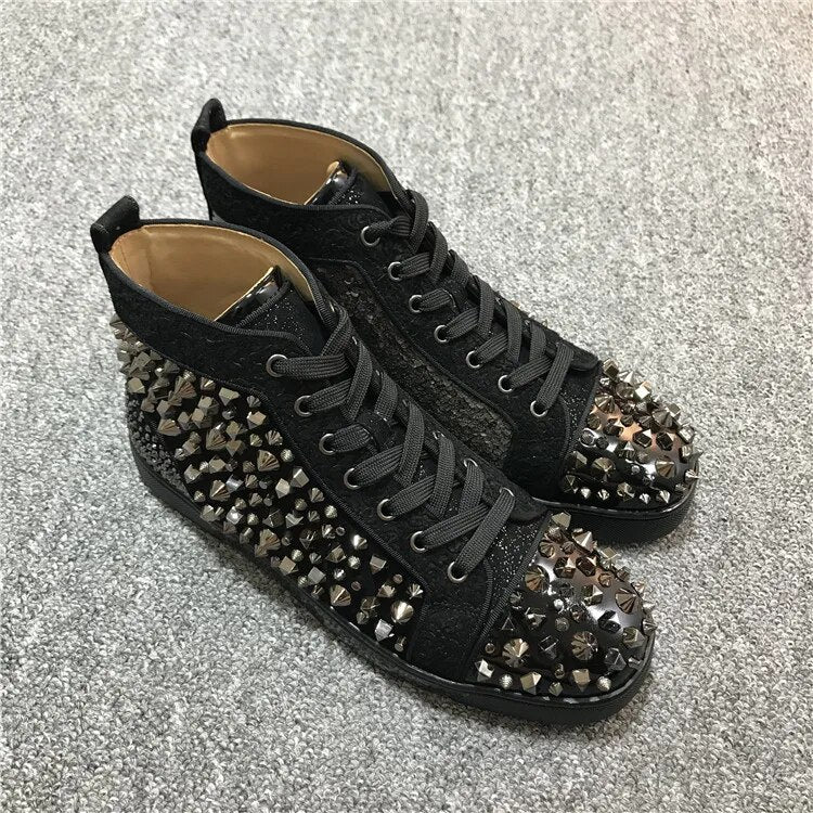 Svonces Luxury Brand Sequins Men Shoes High Top Black Suede Studded Rivets Lace Up Crytsal Shoes For Men Casual Shoes Sneakers