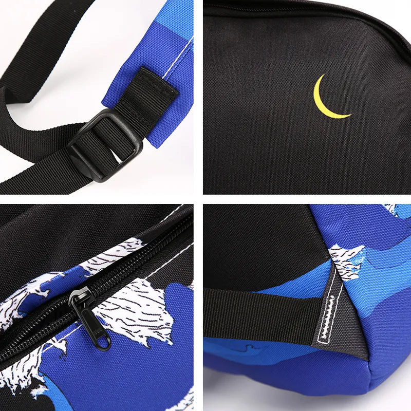 Moon Wood Women Backpack Black Blue Travel Bag Print Sea Moon Casual Canvas Backpack School Bags For Teenager Girls Sac