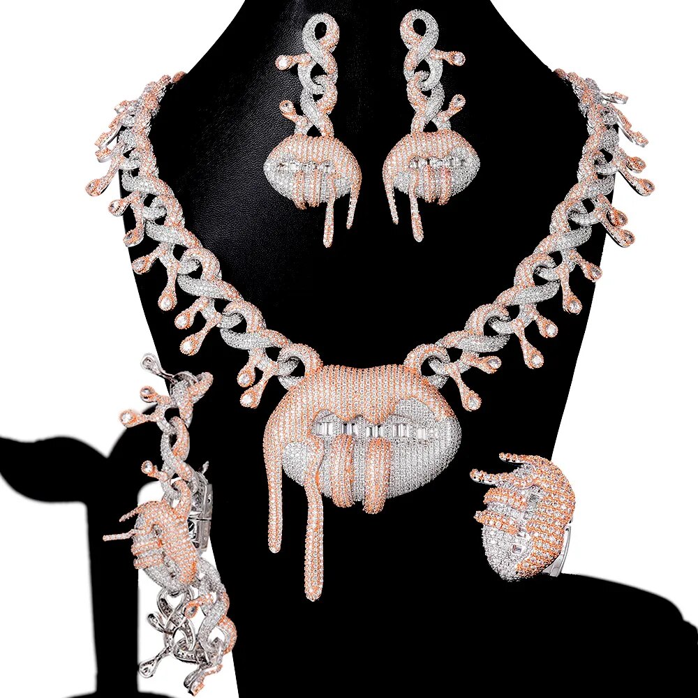 4PCS iced out bling hip hop women jewelry Set Tennis Chain with CZ Miami Cuban Link Chain Trendy Sexy Lips Charm choker necklace