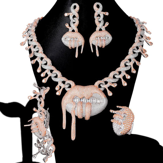 4PCS iced out bling hip hop women jewelry Set Tennis Chain with CZ Miami Cuban Link Chain Trendy Sexy Lips Charm choker necklace