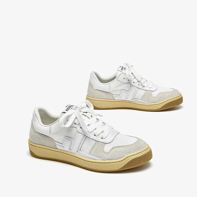 BeauToday Casual Sneakers Women Cow Leather Mesh Round Toe Patchwork Mixed Colors Lace-up Trainers Lady Flat Shoes  29223
