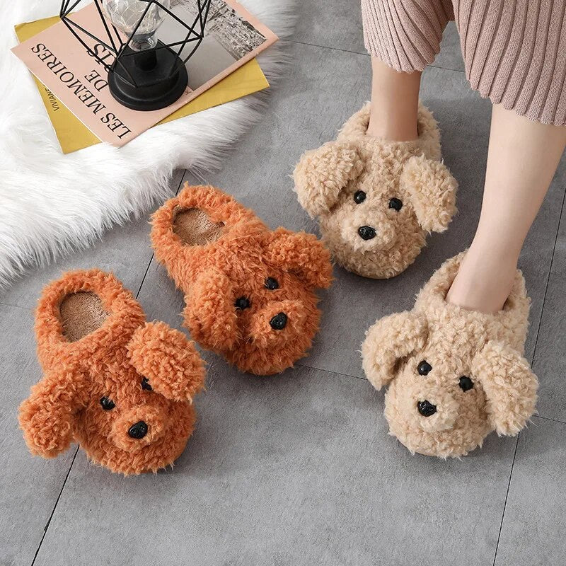 New Autumn Winter Women Slippers Cute Cartoon Dog Indoor Floor Anti-slip Shoes Children Ladies Indoor Bedroom Cotton Fur Slides