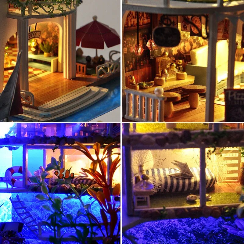 Diy Miniature Dollhouse Kit Big Houses Sea Villa Wooden Doll House With Furniture Roombox Assemble Toys Kids Birthday Gifts Casa