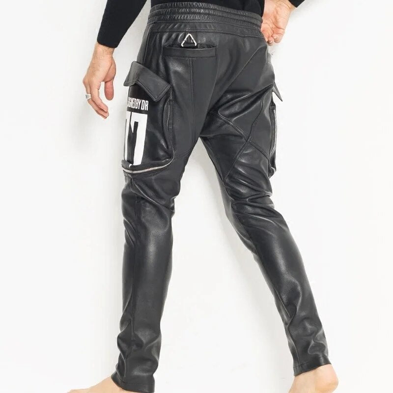 Fashion New Mens Casual Big Pockets Elastic Waist Joggers Harem Pants Sheepskin Genuine Leather Pants Drop Crotch Cross Pants 35
