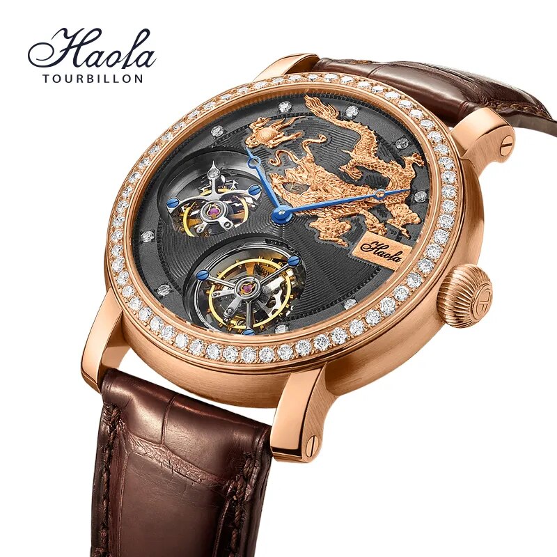 HAOFA Luxury 18K Gold Double Tourbillon Movement Skeleton Mens Watch Manual Mechanical Diamond Rose Watch For Men Sapphire K002