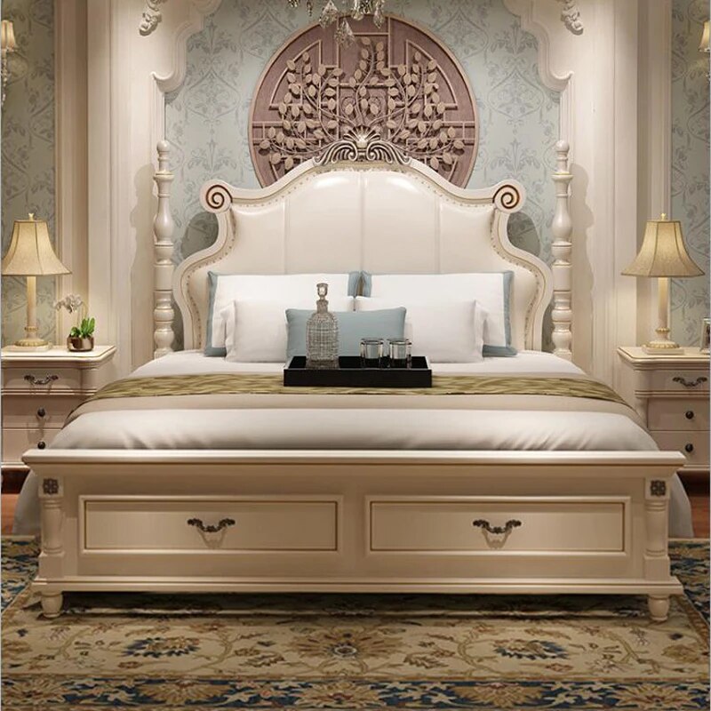 modern european solid wood bed 2 people Fashion Carved  leather  french bedroom furniture bng011