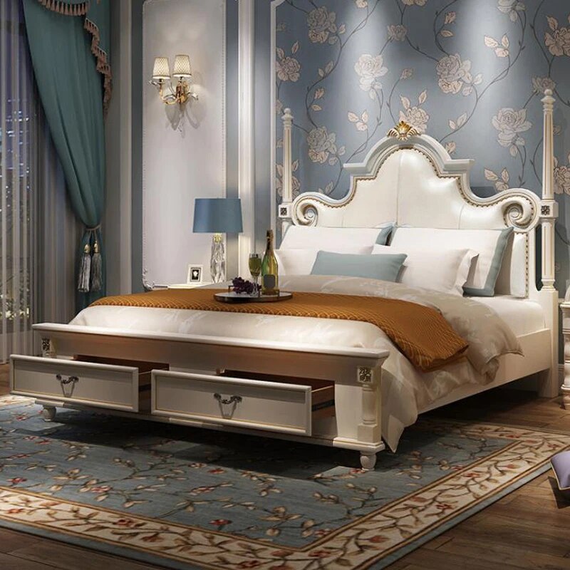 modern european solid wood bed 2 people Fashion Carved  leather  french bedroom furniture bng004