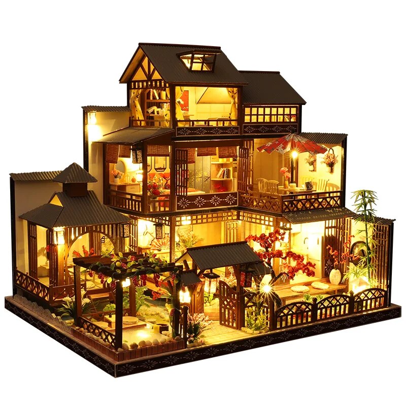 Newest DIY Wooden Dollhouse Japanese Architecture Doll Houses Mininatures with Furniture Toys for Children Friend Birthday Gift
