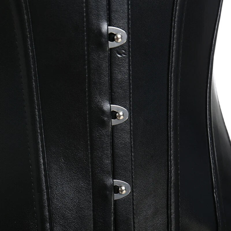 Steampunk Corset Sexy Womens Corset Dress Gothic Body Shaper Mini Skirt Dress Strapless Black Faux Leather Overbust Plus Size