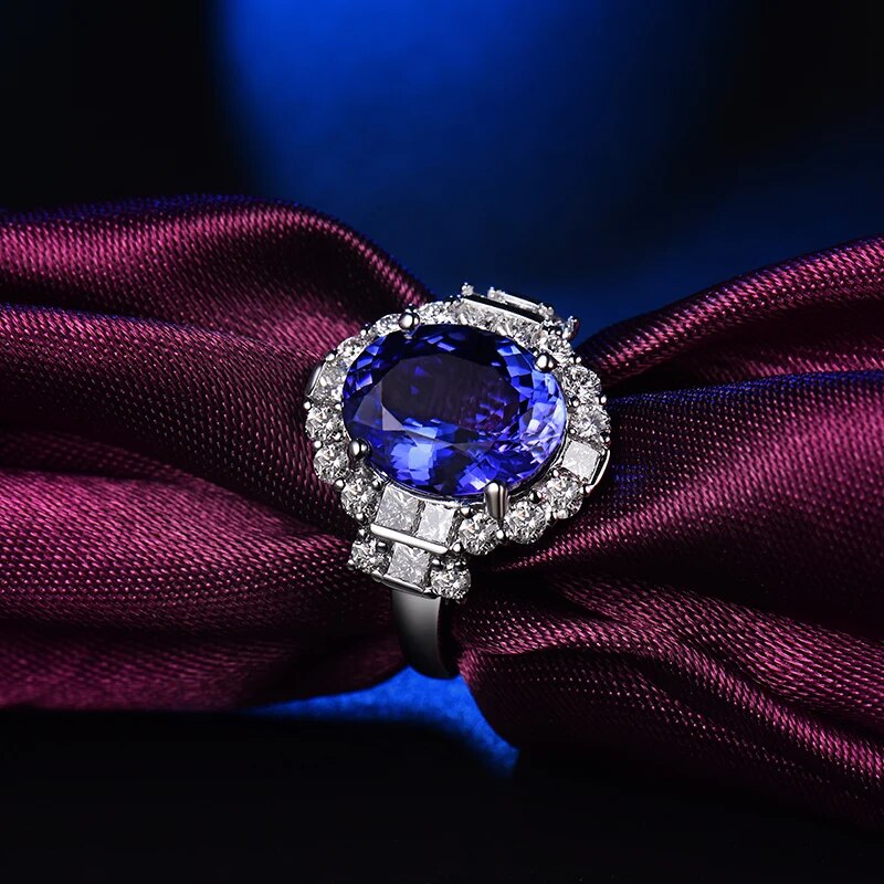 LOVERJEWELRY Natural Blue Tanzanite Stone Oval Cut 10x12mm Real 18Kt White Gold Rings 1.33ct Diamonds Tanzanite Ring For Women
