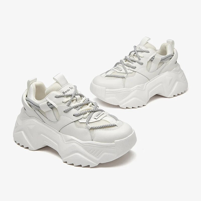 BeauToday Chunky Sneakers Women Synthetic Leather Patchwork Mixed Color Side Lace Fashion Thick Sole Ladies Casual Shoes 29413