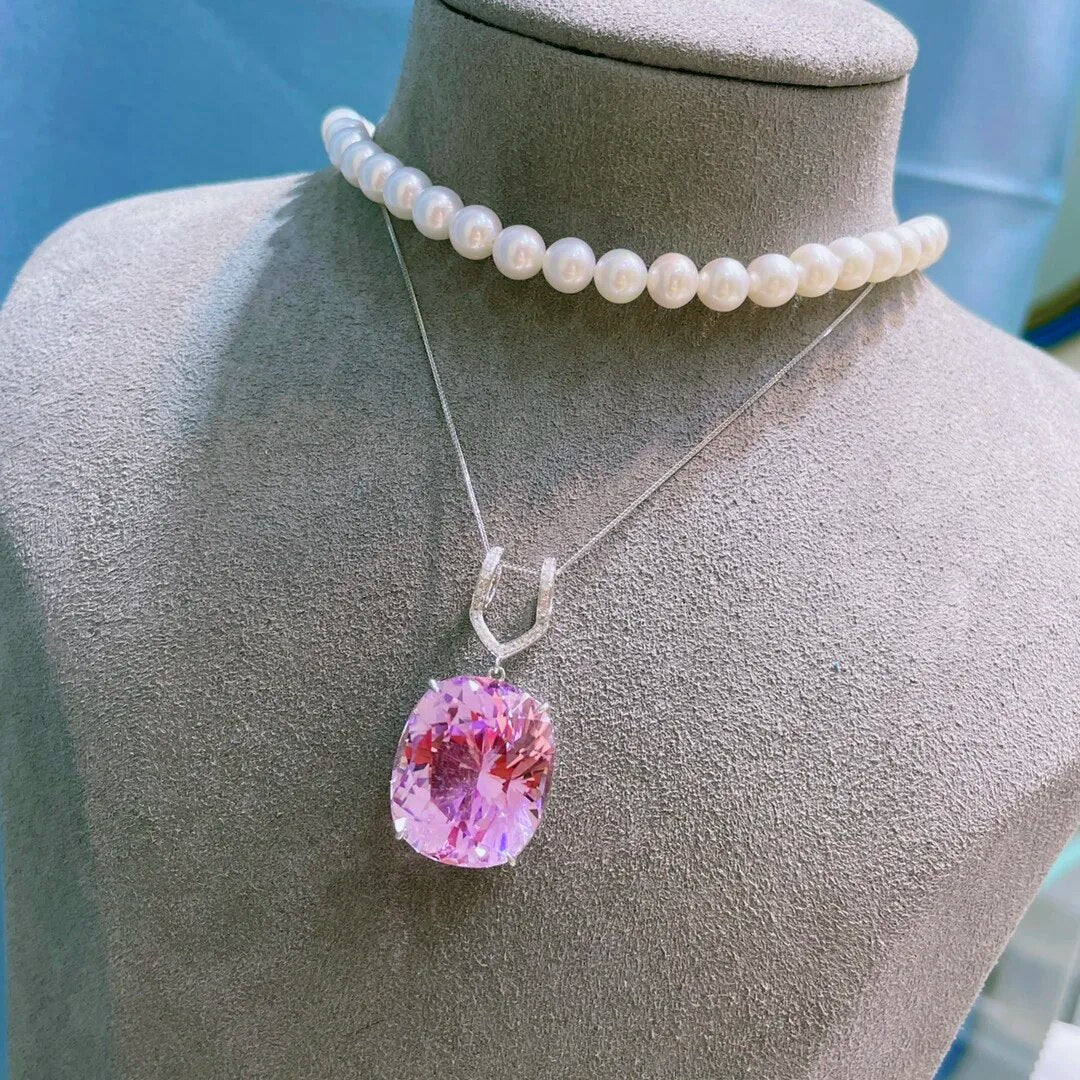 LR713 Fine Jewelry Real Pure 18K White Gold Jewelry 100% Natural Kunzite 38ct Gemstone Diamonds Pendant Neckalces for Women