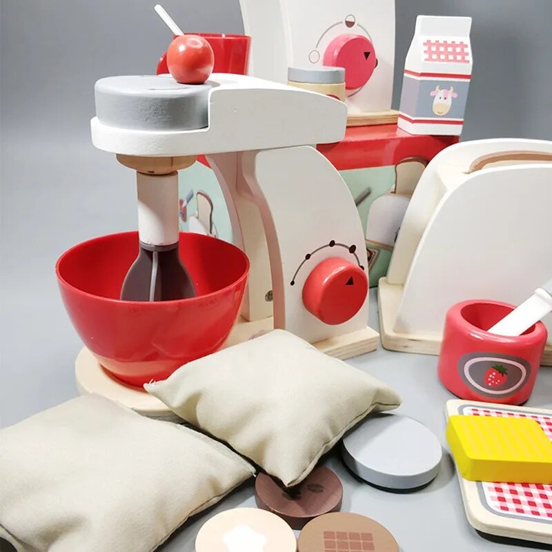 Kids Wooden Pretend Play Sets Simulation Toasters Bread Maker Coffee Machine Blender Baking Kit Game Mixer Kitchen Role Toy