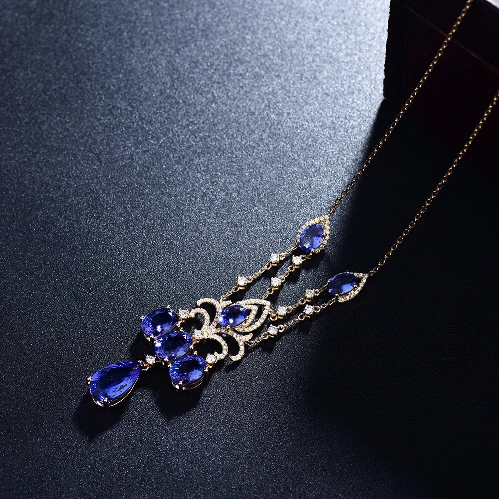 LOVERJEWELRY Tanzanite Pendant Necklace Pure 18Kt Rose Gold 10.36ct 100% Natural Tanzanite GEM With Diamonds Necklace for Women
