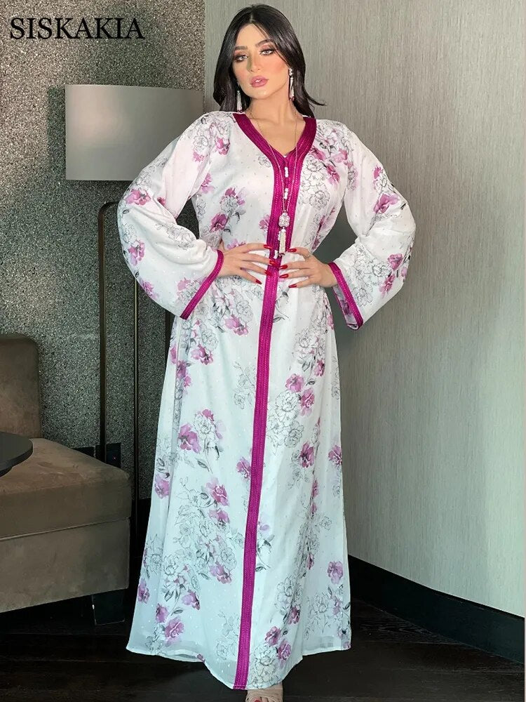 Siskakia Middle Eastern Women's Clothing Ribbon V Neck Gold Silk Print Ethnic Maxi Dresses Loose Muslim Oman Arabic Abaya White
