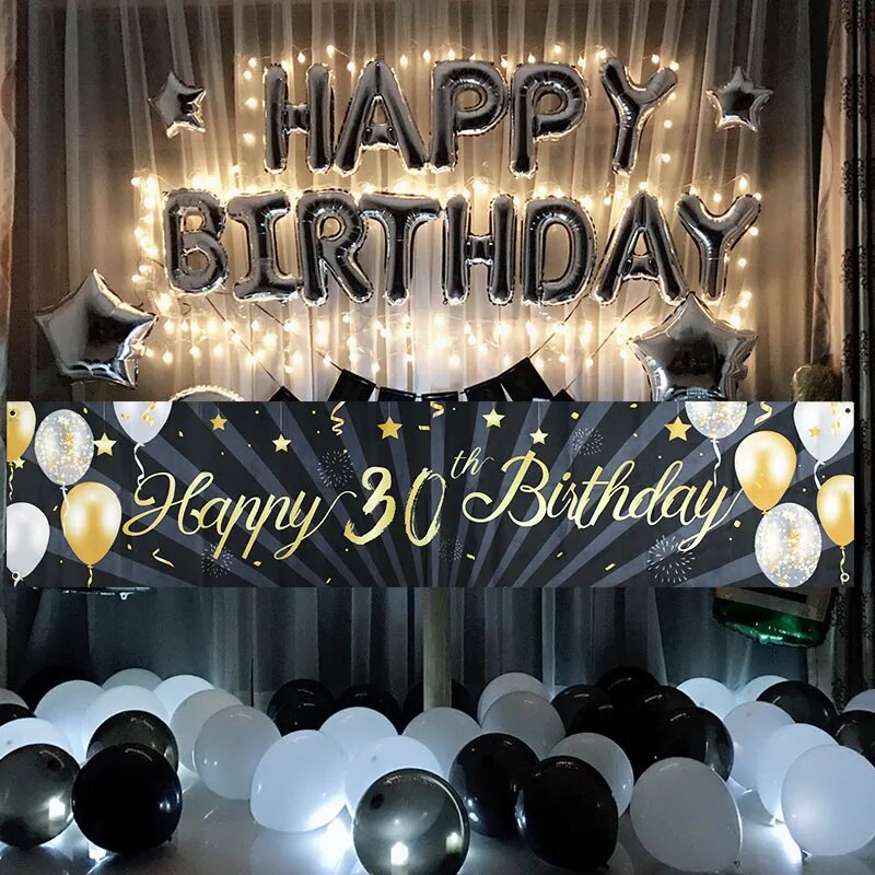 30 40 50 60 Years Old Birthday Backdrop Decor Happy 30th Birthday Banner Garland For Adult Black Gold Party Supplies Photo Props
