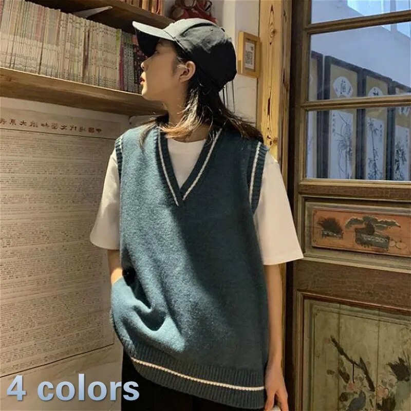 Vests Women Simple Classic BF Spring Autumn Femme Knitted Outwear Young Lovely All-match Striped Schoolgirls Sleeveless Jacket - KAISERINC