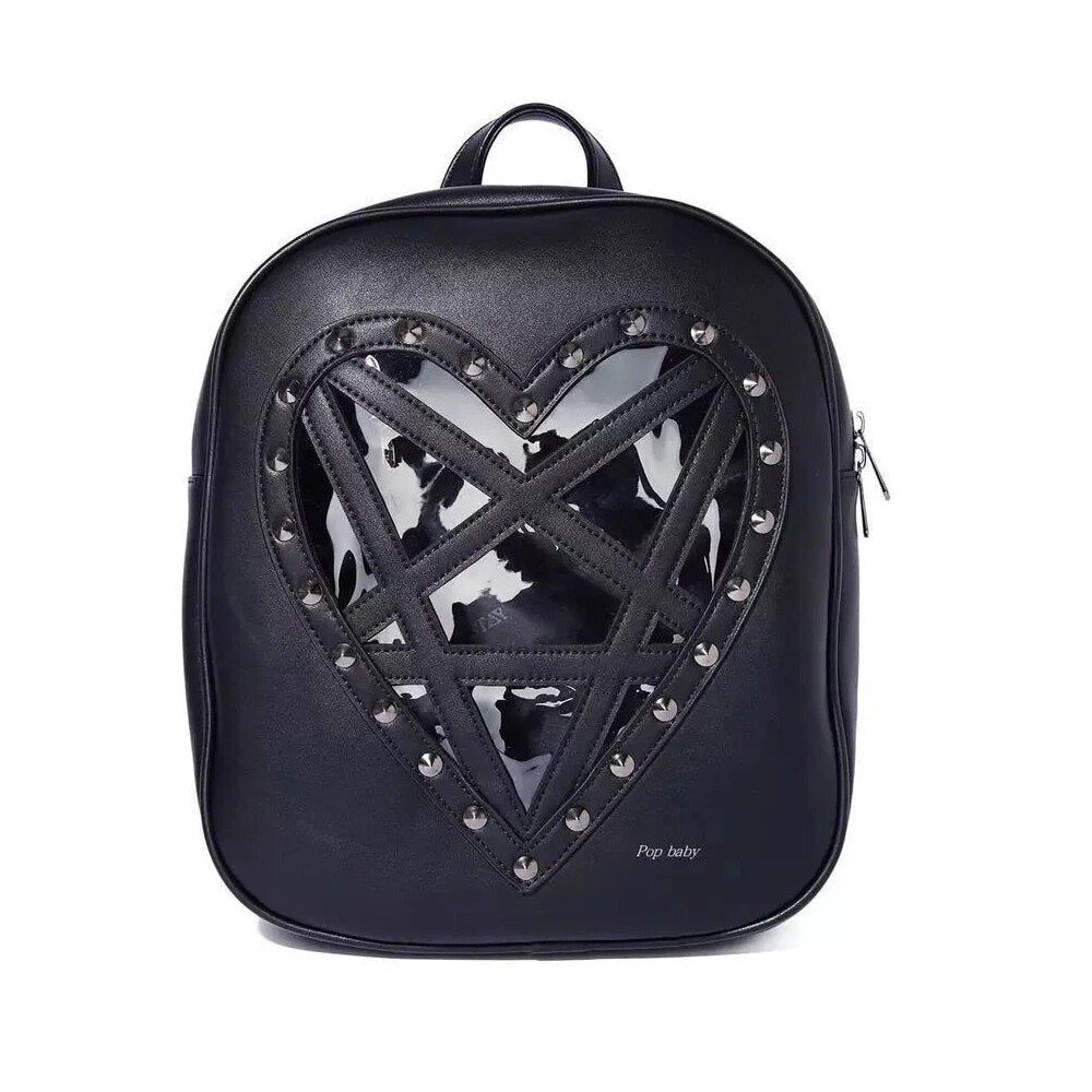 JIEROTYX Women Heart Shaped Backpack Gothic Pu Leather Rivet Punk Pentagram Medium Good Quality Black Casual Rock Bag On Sale