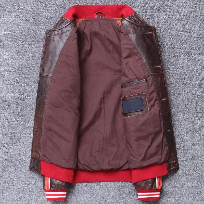 Casual Single Breasted Striped Men Baseball Coat Cowhide Uniform Genuine Leather Jacket Winter Korean Distressed Trench Coat 3XL