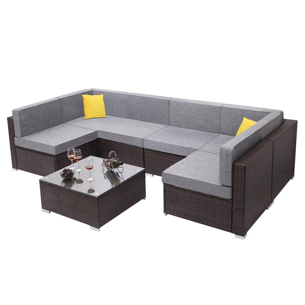 Two Styles US Warehouse 7 Pieces Patio PE Wicker Rattan Corner Sofa Set Patio Furniture  Set for Garden and Outdoors