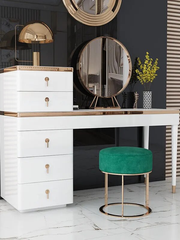 Dresser Makeup Mirror Dressing Stool Combination Light Luxury Furniture for Bedroom White Gold-Plated Makeup Table