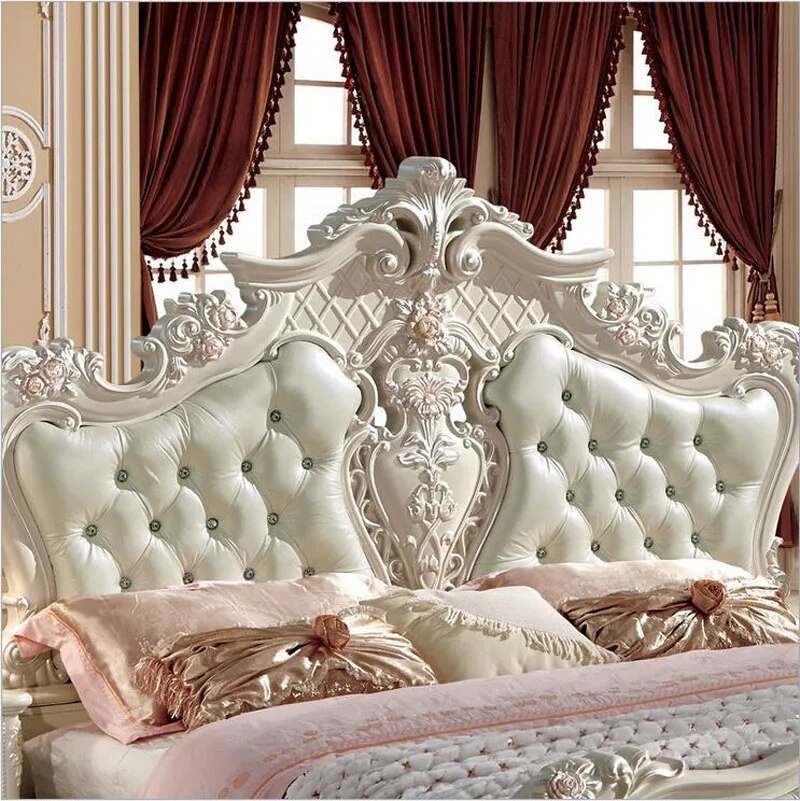 modern european solid wood bed 2 people Fashion Carved  leather  french bedroom furniture pfy10050