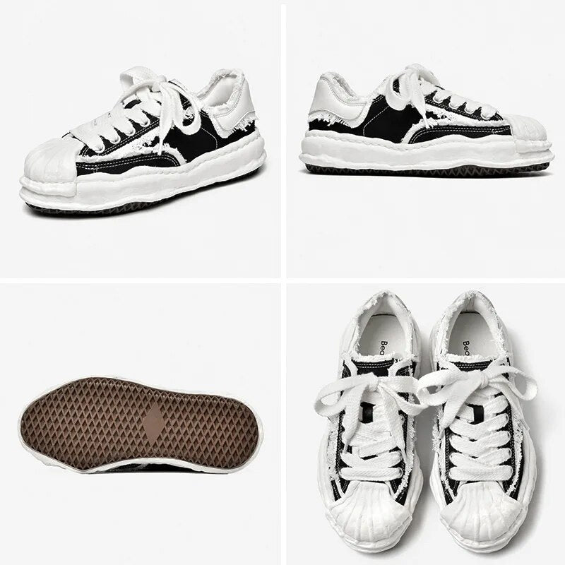 BeauToday Platform Sneakers Women Cow leather Denim Patchwork Lace Up Retro Ladies Shoes Chunky Sole Handmade 29127