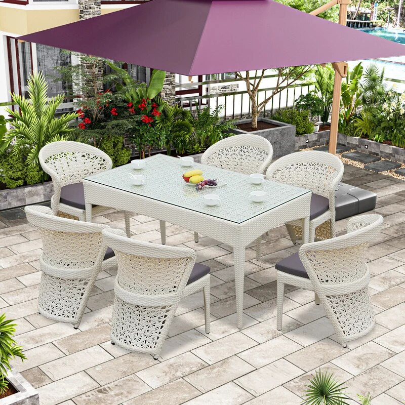 Outdoor Dining Set 7 pcs Metal frame table and chairs garden rattan Wicker furniture Rectangular table party Set for Swing Pool