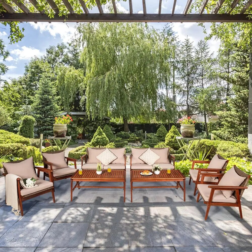 8PCS Patio Rattan Furniture Set Acacia Wood Frame Cushioned Sofa Chair Garden 2*HW66517+