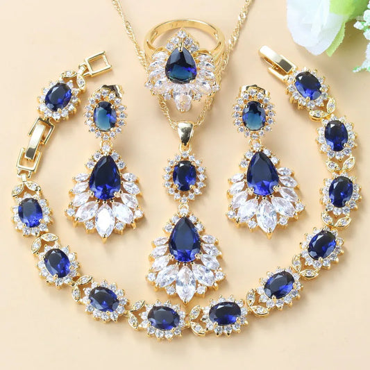 African Jewelry Sets Dubai Yellow Gold Color Wedding Accessories Blue Cubic Zirconia 6-Colors Bracelet And Ring Sets