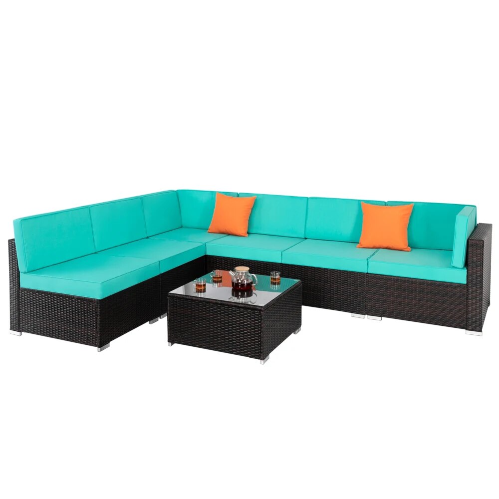 Outdoor Indoor Furniture 7-Piece Set 6 Modular Sofa 1 Coffee Table PE Rattan Steel Frame Concise Design Lake Blue[US-Stock]