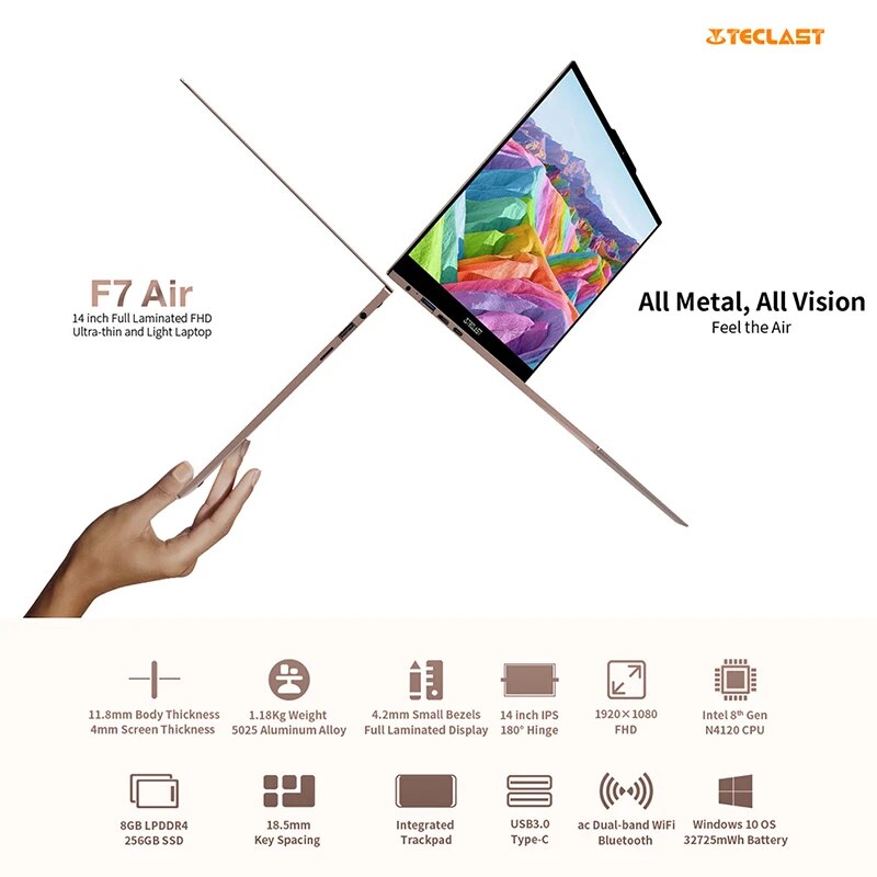 Newest Teclast F7 Air Laptop 1.18KG 14" 8GB LPDDR4 256GB SSD Intel N4120 Notebook 1920x1080 Windows 10 OS 180° Laptops Type-C