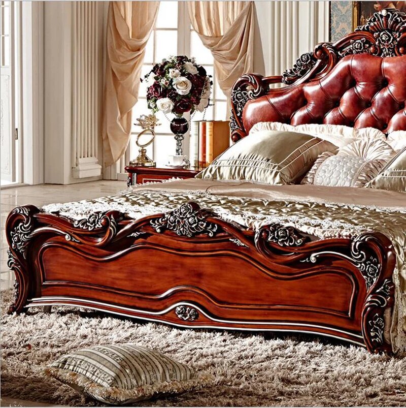 King Size Modern European Solid Wood Bed 2 People Fashion Carved  1.8 m French Bedroom Furniture 6590