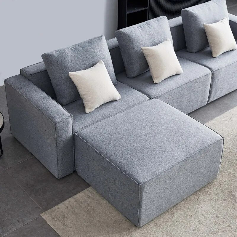 L-Shape Sofa Linen Sectional Sofa With Wide Armrest-Grey Modern 3 Seater Sectional Couch with Ottoman Living Room Furniture Sets