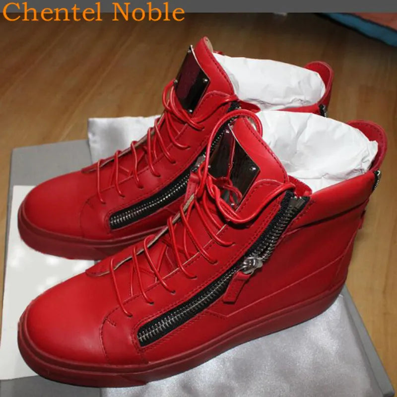 Brand Chentel Noble Leather Men Casual Shoes Party Shoes Men Metal Buckle Flats Sneakers Zipper Lace-Up Unisex Red Color