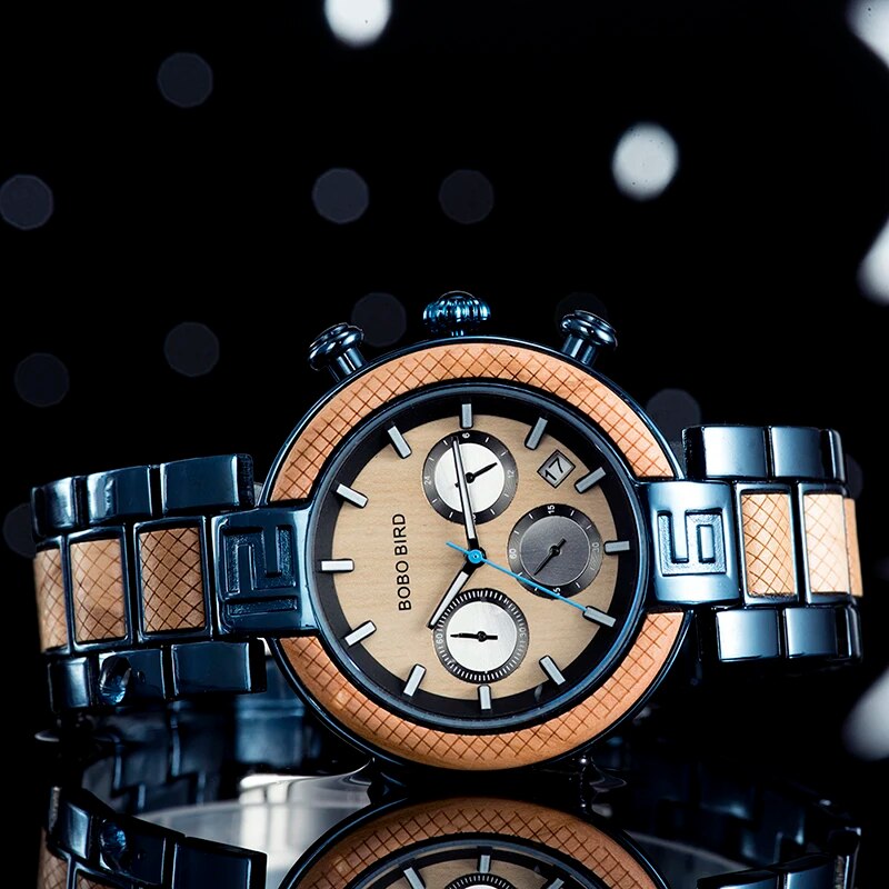 BOBOBIRD Quartz Business Mens Watch Wood & Stainless Steel Chronograph Timepieces jam tangan pria Gift In Wooden Box L-T15