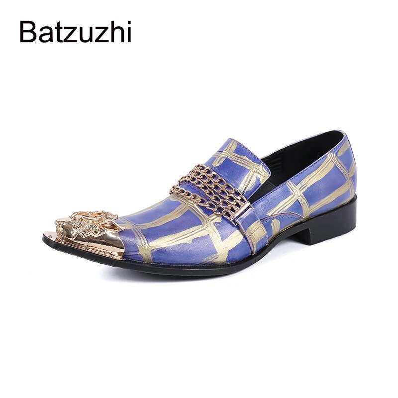 Batzuzhi Italian Style Men's Shoes Gold Metal Toe Genuine Leather Dress Shoes for Men's Business, Party and Wedding, Big EU38-46