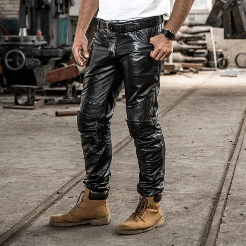 British Style Mens 2022 Winter New Genuine Leather Skinny Pants Biker Thick Black Casual High Quality Vintage Cowhide Pants