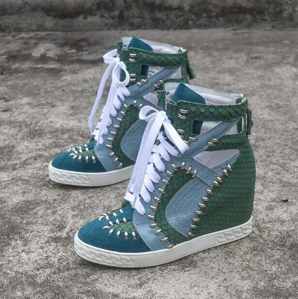 Woman Green Blue Python Suede Leather Patchwork Rivets High Top Sneakers 8 CM Height Increasing Lace Up Wedge Casual Ankle Boots