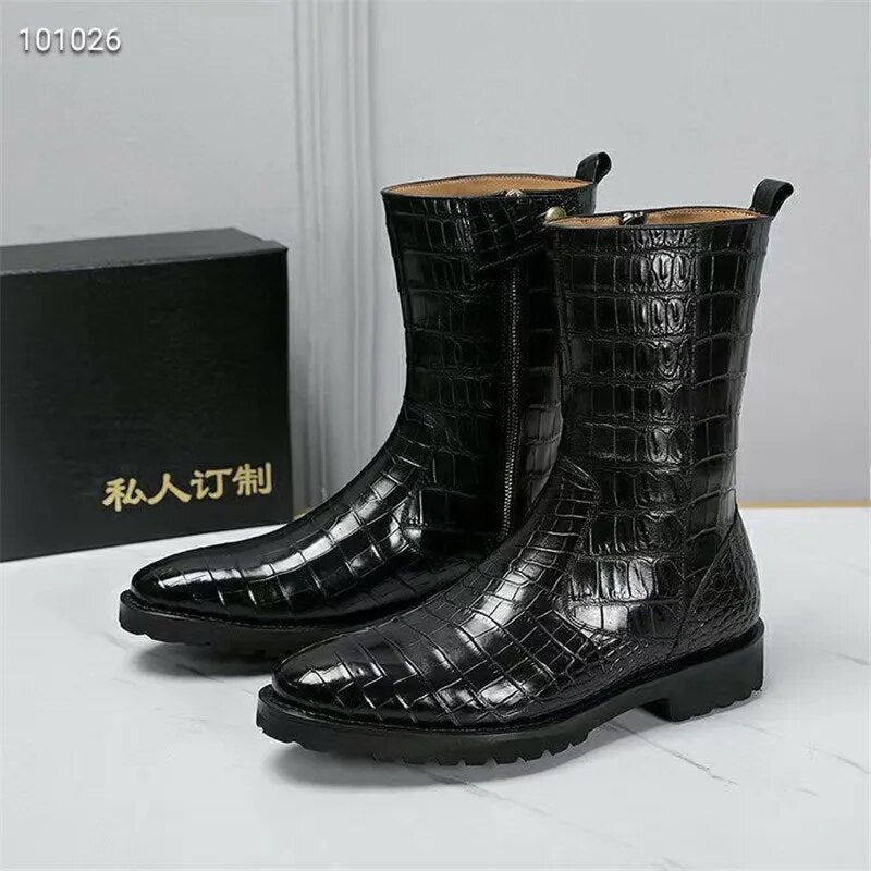 Custom-made Authentic Crocodile Skin Men's Mid-calf Boots Genuine Alligator Leather Male High-lift Winter Shoes with Wool Lining