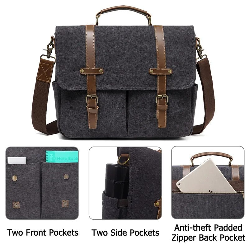VASCHY Vintage Men Briefcase Water Resistant Canvas Messenger Bag for 15 In Laptop Business Satchel Padded Shoulder Bags Male