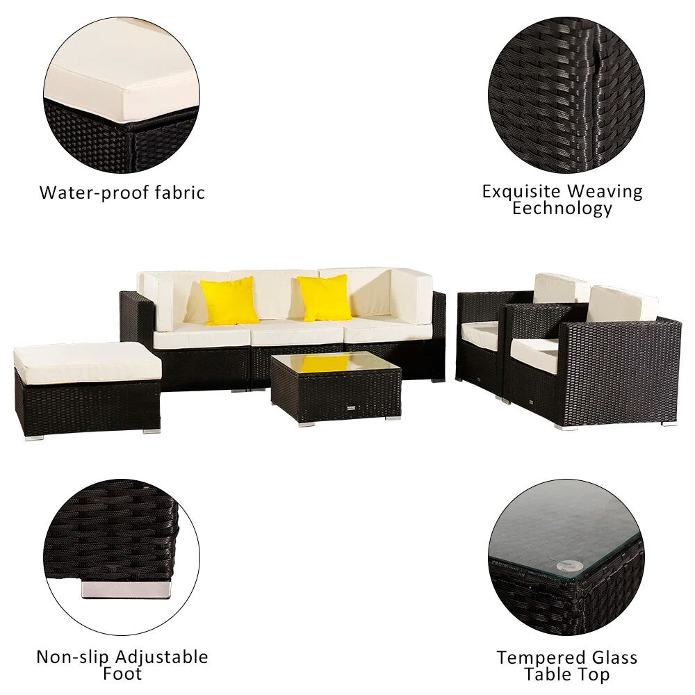 7Pcs Patio Furniture Set Include 1 Armless Sofa 2 Corner Sofa 2 Single Sofa 1 Table 1 Ottoman PE Wicker Rattan Steel Black[US-W]