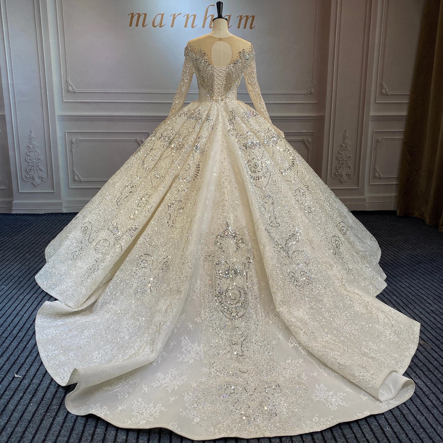 Marnahm Luxury Woman Wedding Dress 2022 Bridal Gown V Neck Full Beads Diamonds Long Sleeves Custom Vestido De Novia High Quality