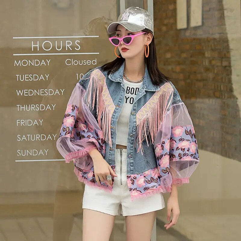Pink Embroidery Tassel Stitching Lantern Long Sleeved Denim Jacket Women's Clothing Loose Thin Streetwear Hip Hop Outerwear