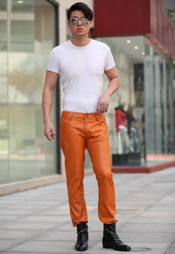 Azazel Free shipping 2020 New style Fashion leather pants Men orange Slim leather pants Nightclub male Plue Size trousers 29-39