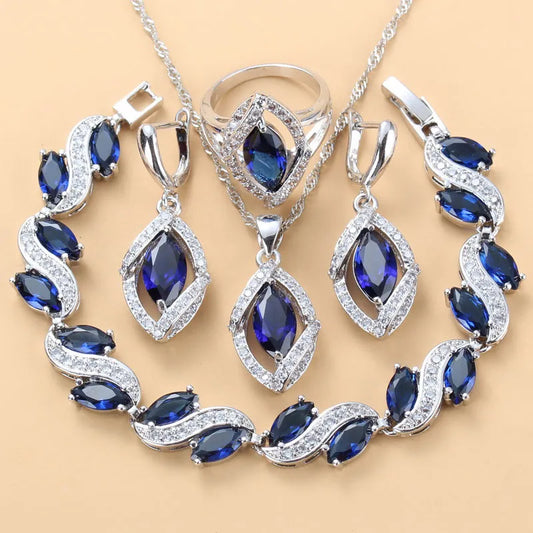 925 Mark Wedding Accessories Women Bridal Jewelry Sets With Natural Stone CZ Blue Bracelet And Ring Sets Free Gift Box