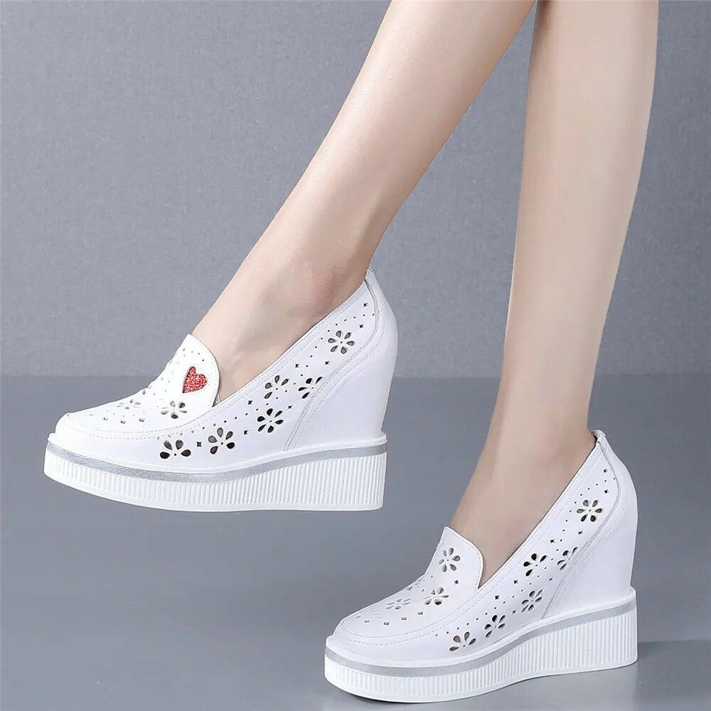 Fashion Sneakers Women Hollow Genuine Leather Wedges High Heel Ankle Boots Female Round Toe Platform Oxfords Shoes Casual Shoes